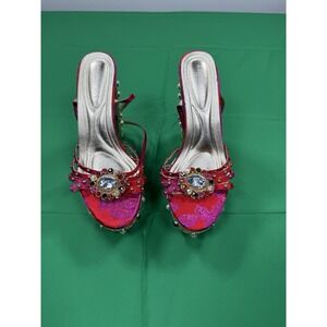 Azalea Wang Womens 8 Jeweled Platform Block Heel Sandals Pink Floral Pearl
